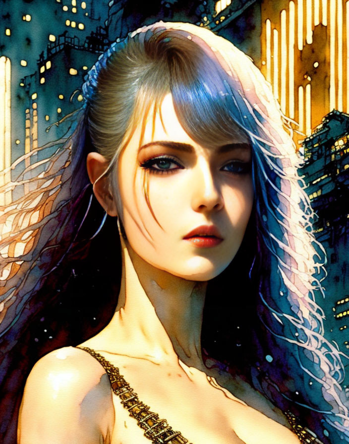 Detailed digital painting of woman with blue and white hair and gold strap in futuristic cityscape.