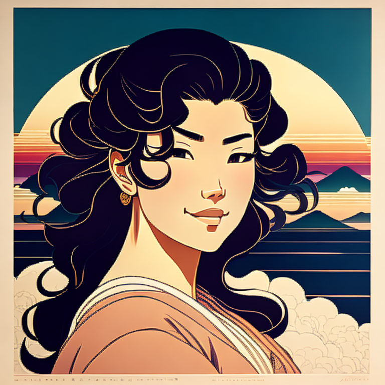 Stylized woman with curly hair smiling under a sunny sky.