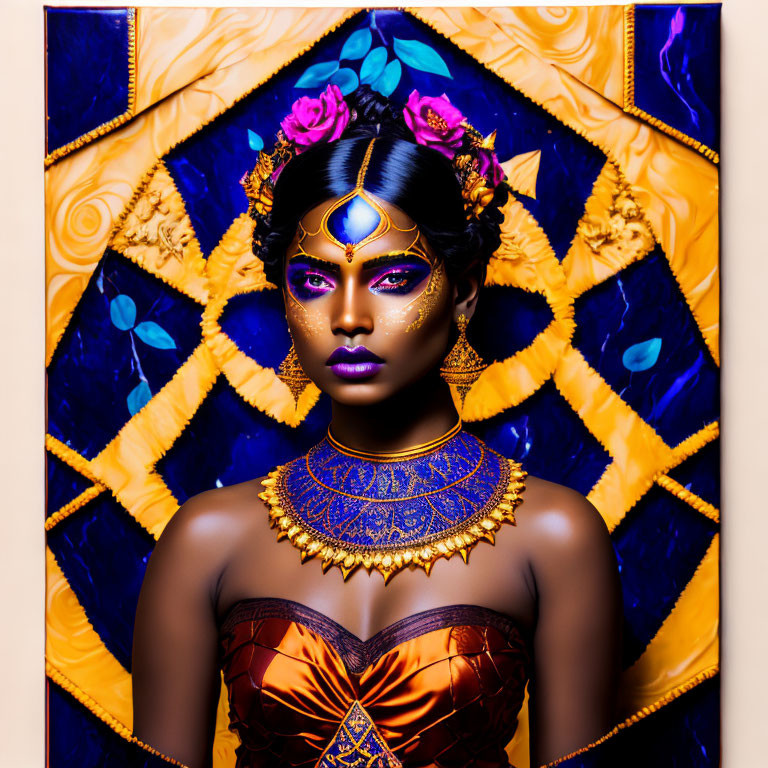 Woman in golden jewels and headdress with blue and purple makeup on patterned background