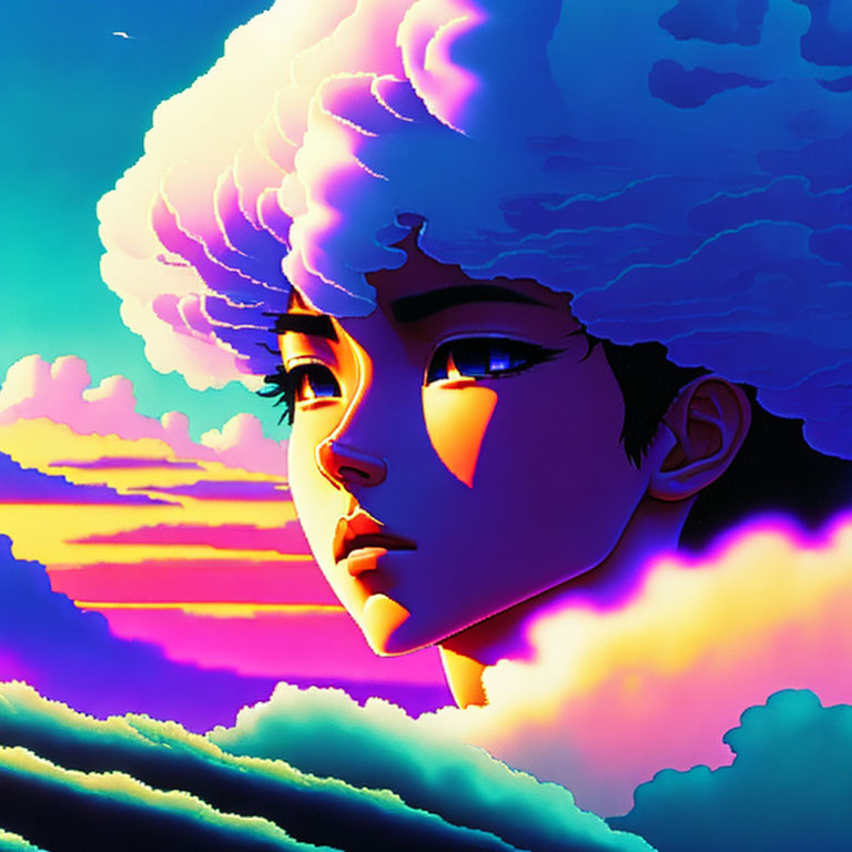 Surreal profile illustration with cloud hair in vibrant sky