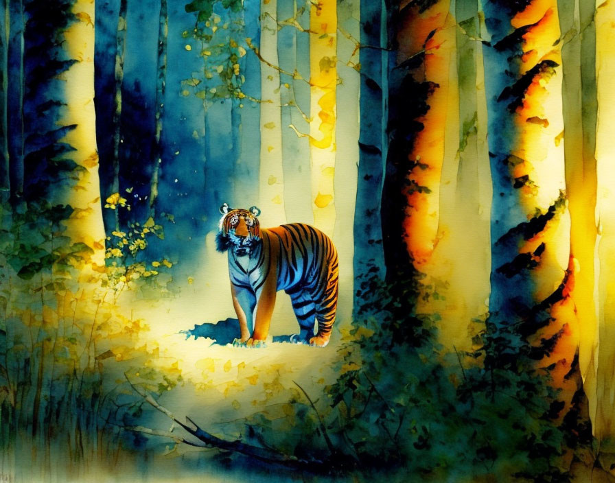 Colorful Tiger Painting in Blue Forest with Birch Trees