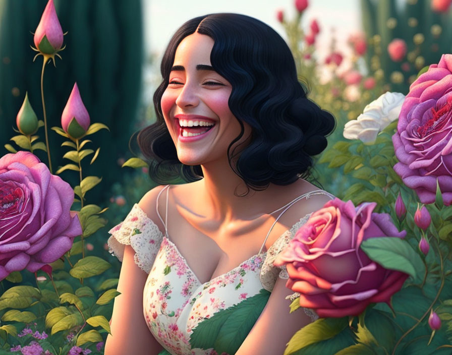 Animated woman with black hair laughing in vibrant rose garden