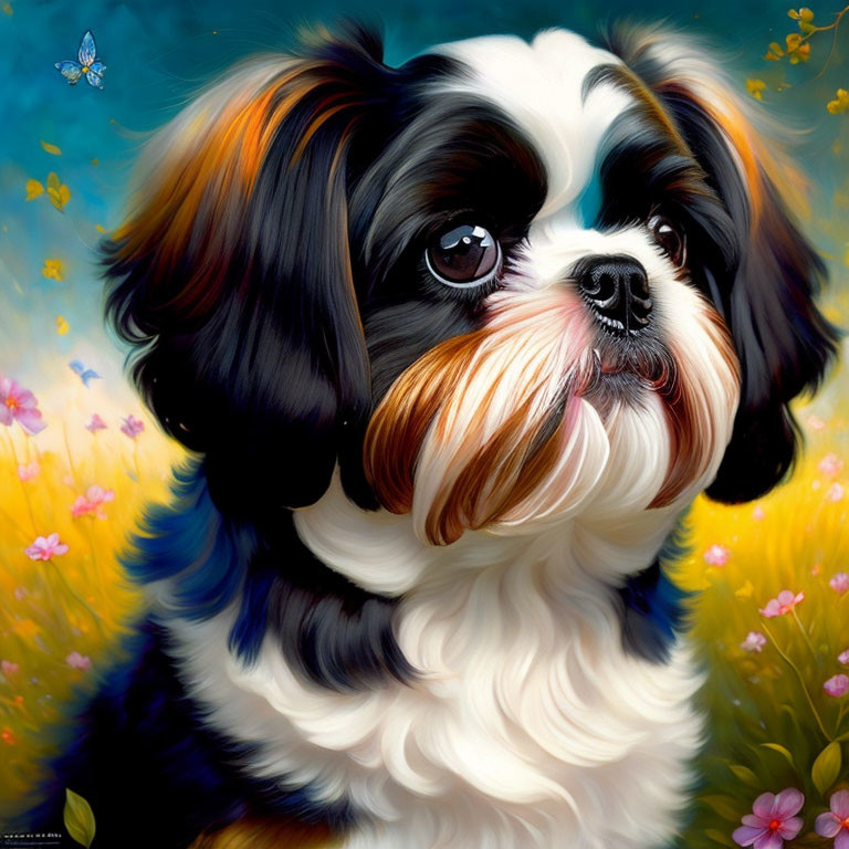 Detailed Painting of Fluffy Dog Surrounded by Flowers and Butterfly