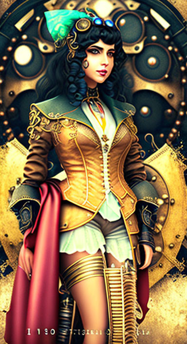 Steampunk-themed illustration of a woman in decorated outfit amid cogwheels