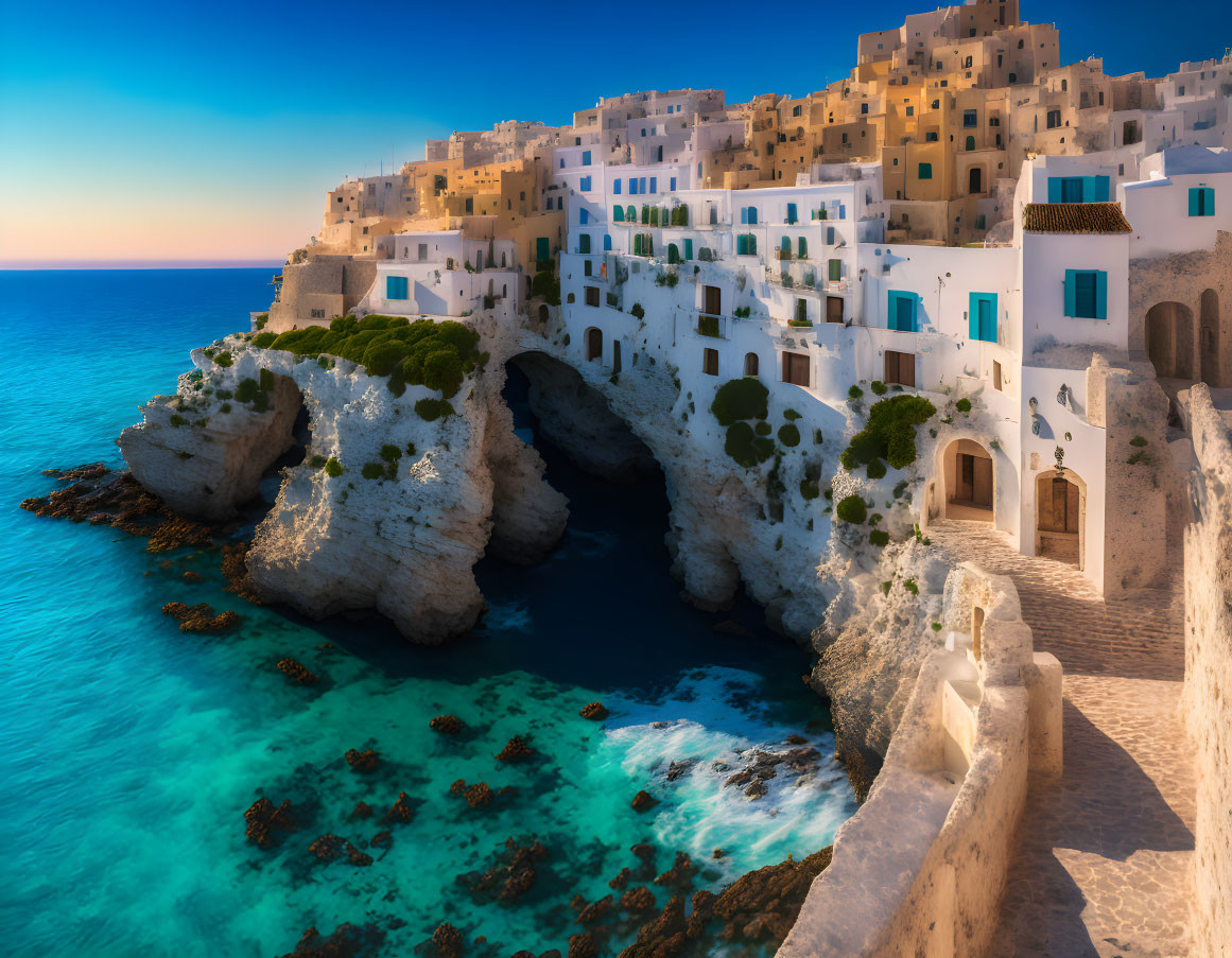 Scenic Coastal Village with Whitewashed Buildings on Rugged Cliffs