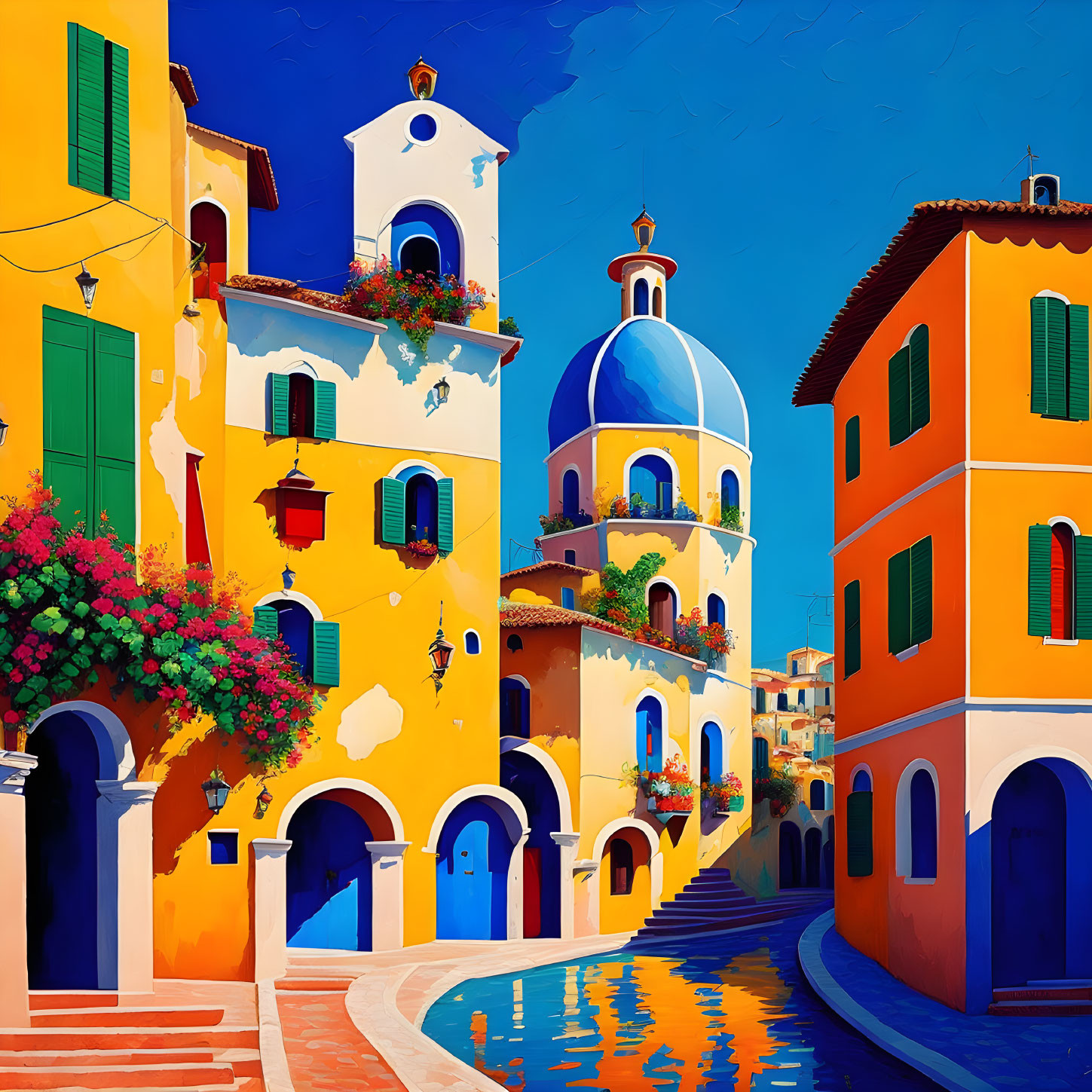 Colorful coastal village painting with blue-domed church and water reflections