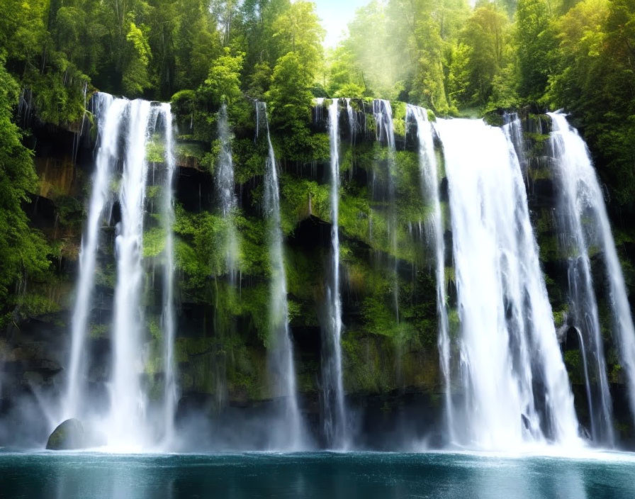 Serene blue pool with majestic waterfall in lush green setting