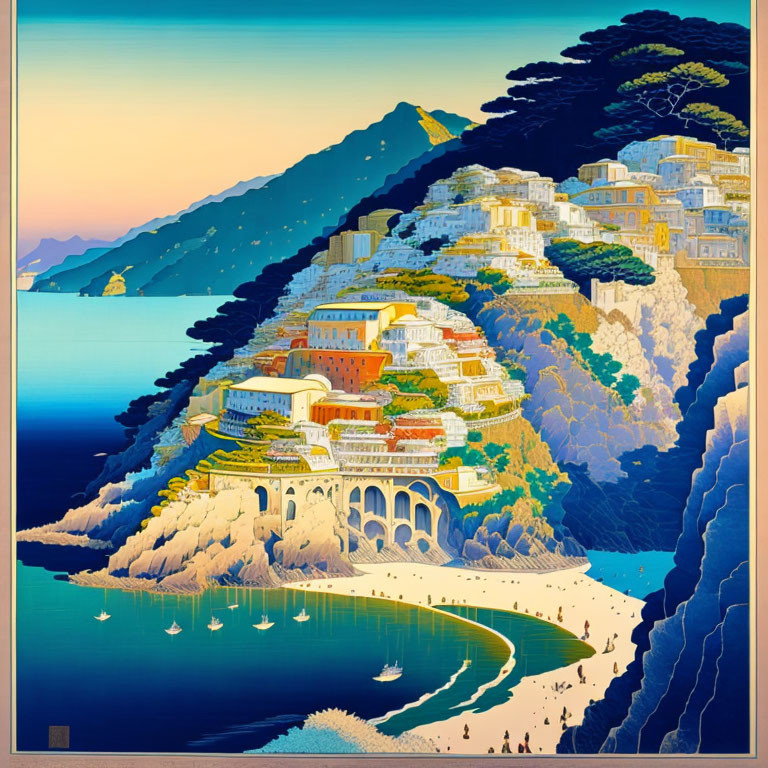 Colorful Coastal Town Illustration with Beach, Boats, Mountains, and Trees