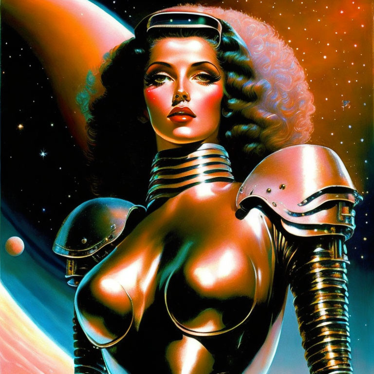 Stylized retro-futuristic painting of woman in metallic armor with space helmet, cosmic backdrop