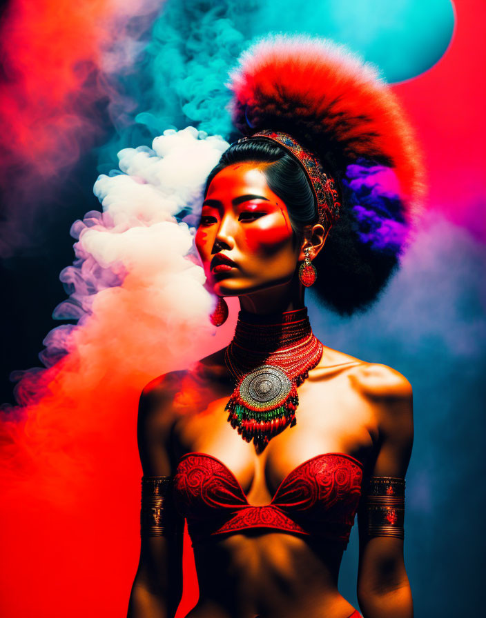 Woman in dramatic makeup and red outfit amid vibrant smoke