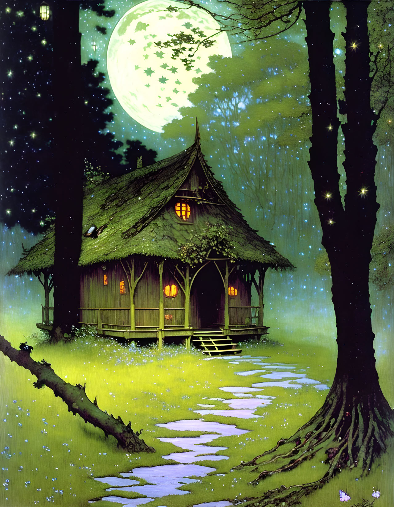 Thatched-Roof Cottage in Serene Forest Moonlight