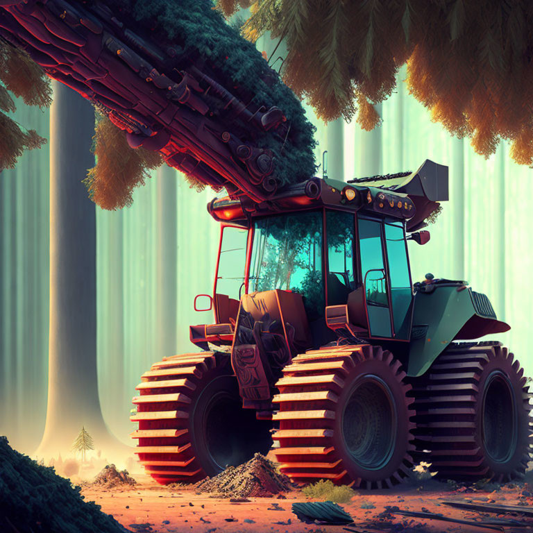 Futuristic logging machine with large tread wheels cutting trees in forest