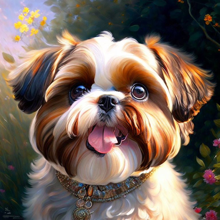 Colorful Illustration: Fluffy Dog with Shiny Collar in Greenery