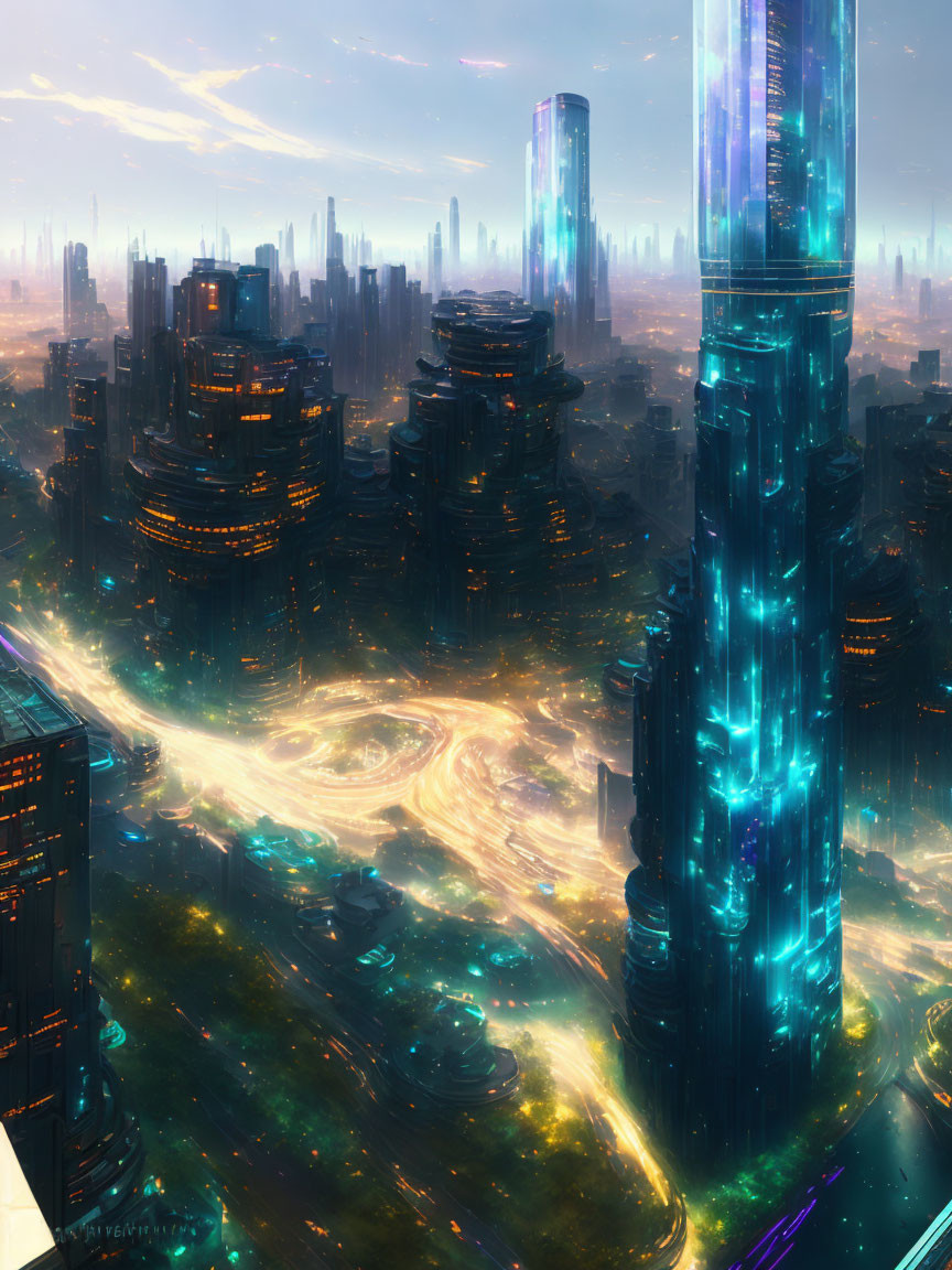 Futuristic cityscape: towering skyscrapers, neon lights, intricate roadways