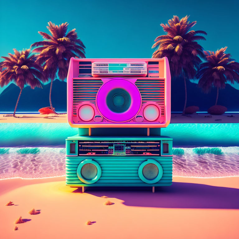 Colorful Retro Boomboxes on Sunlit Beach with Palm Trees against Teal and Pink Sky