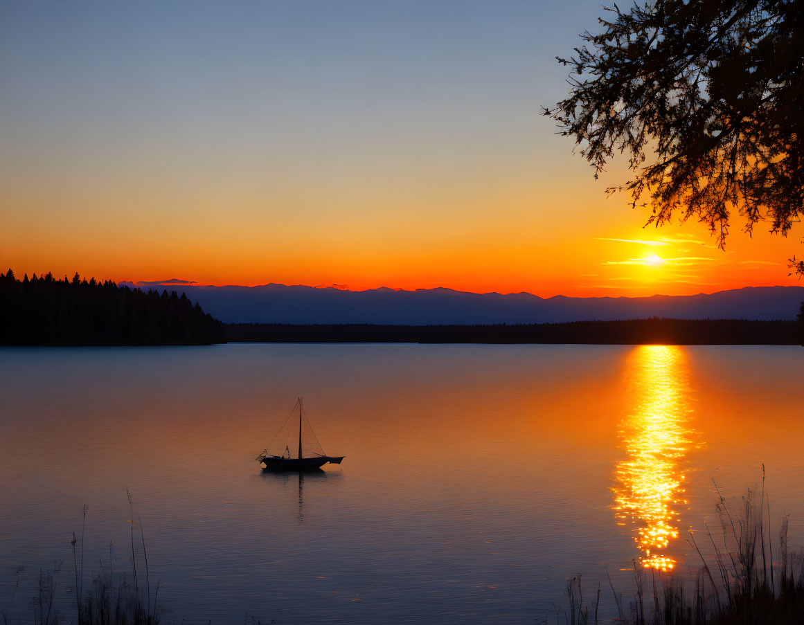 Tranquil sunset scene with sailboat on calm lake