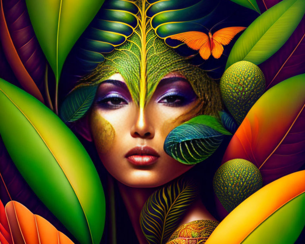 Colorful butterflies and leaf-like patterns on woman's face illustration