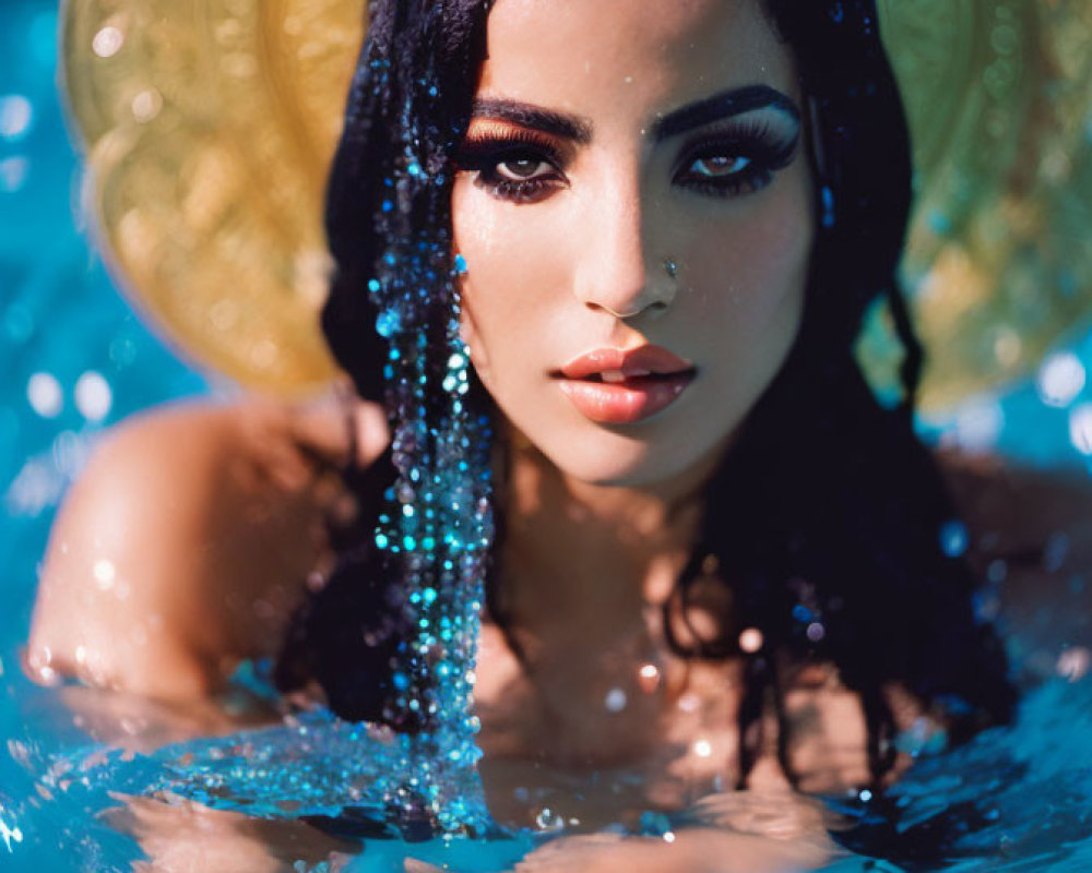 Woman with golden halo emerging from water against sunlit background