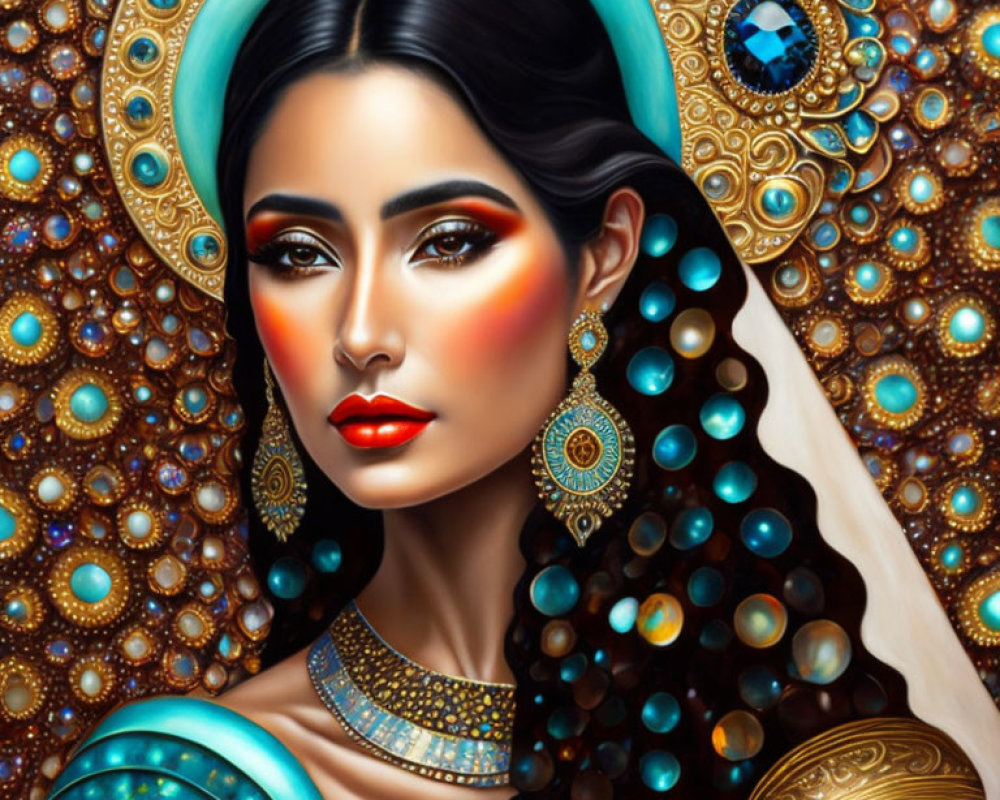 Portrait of Woman with Striking Makeup and Gold Jewelry Against Ornate Background