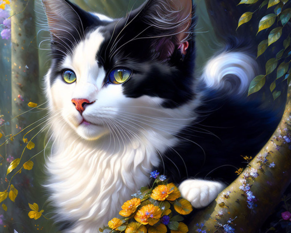 Black and White Cat with Blue Eyes on Branch Among Yellow and Orange Flowers