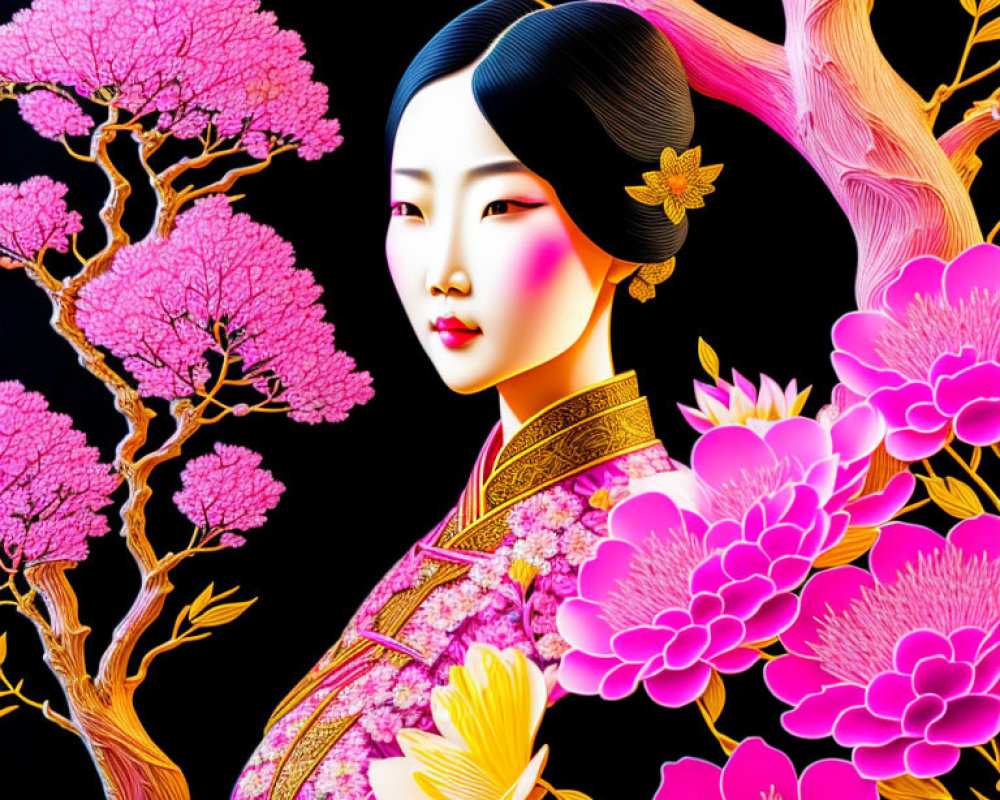 Stylized illustration of woman with black hair in colorful kimono amid pink blossoms