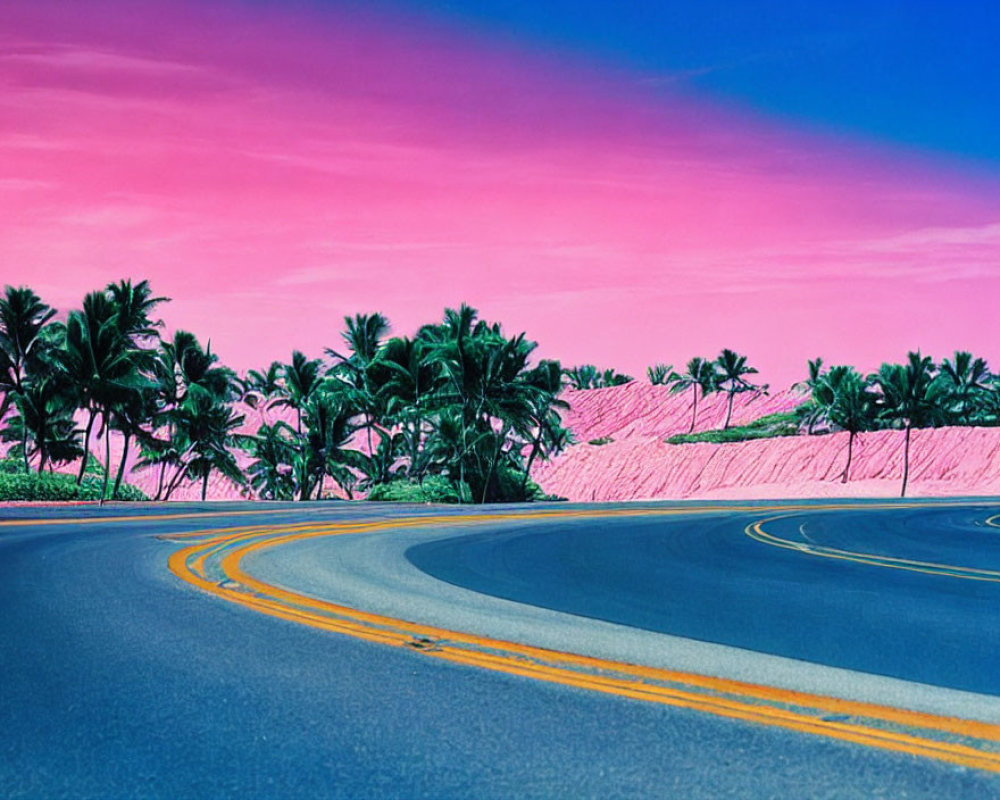 Scenic image of curved road under pink skies and teal foliage