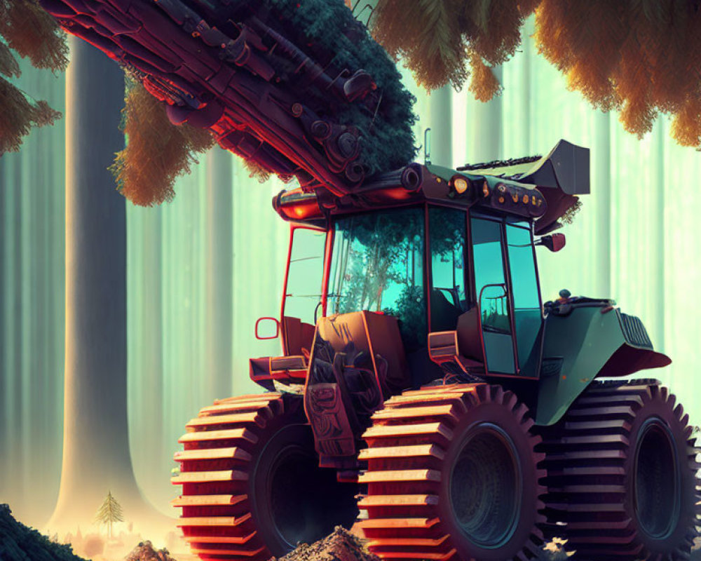 Futuristic logging machine with large tread wheels cutting trees in forest