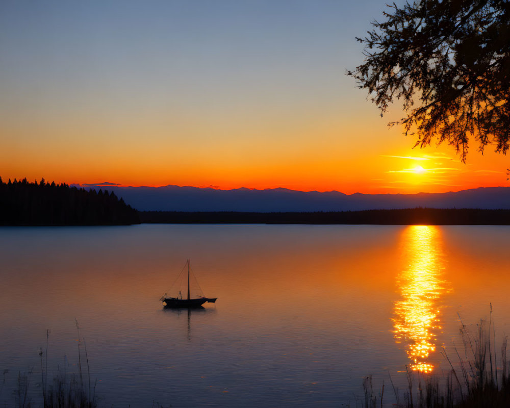 Tranquil sunset scene with sailboat on calm lake