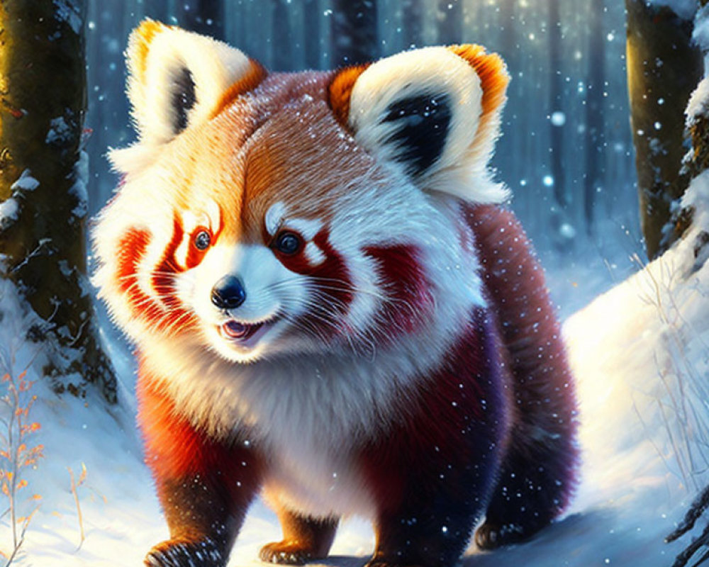 Vibrant Red Panda Illustration in Snowy Forest