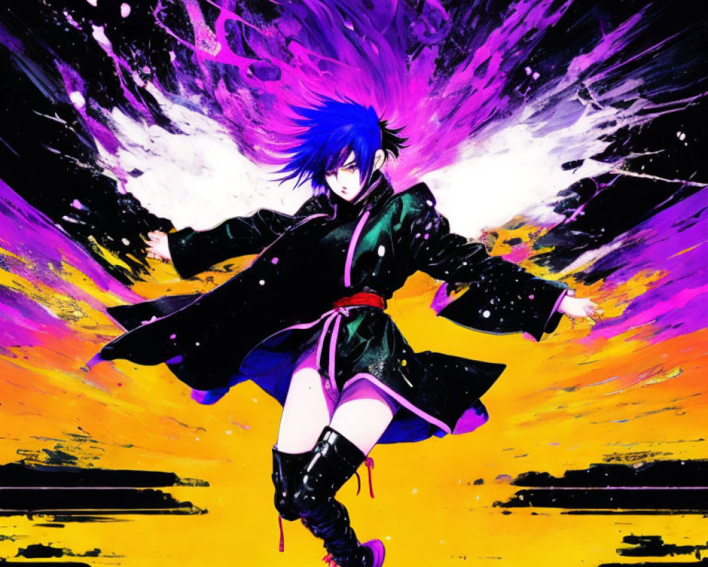 Vibrant Purple-Haired Animated Character Leaping in Explosive Background