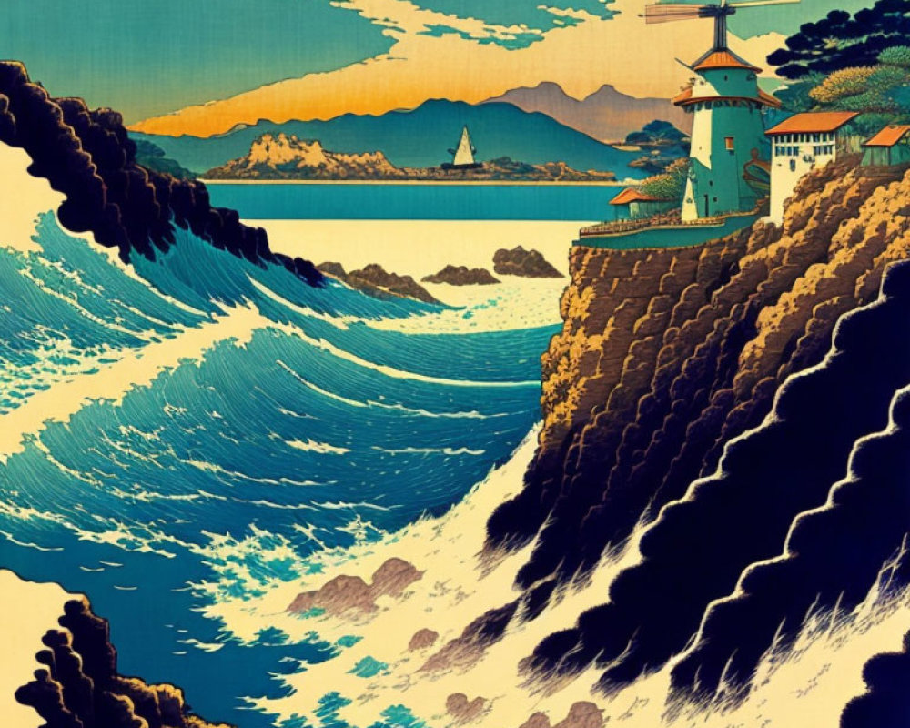 Stylized seascape with waves, windmill, mountains