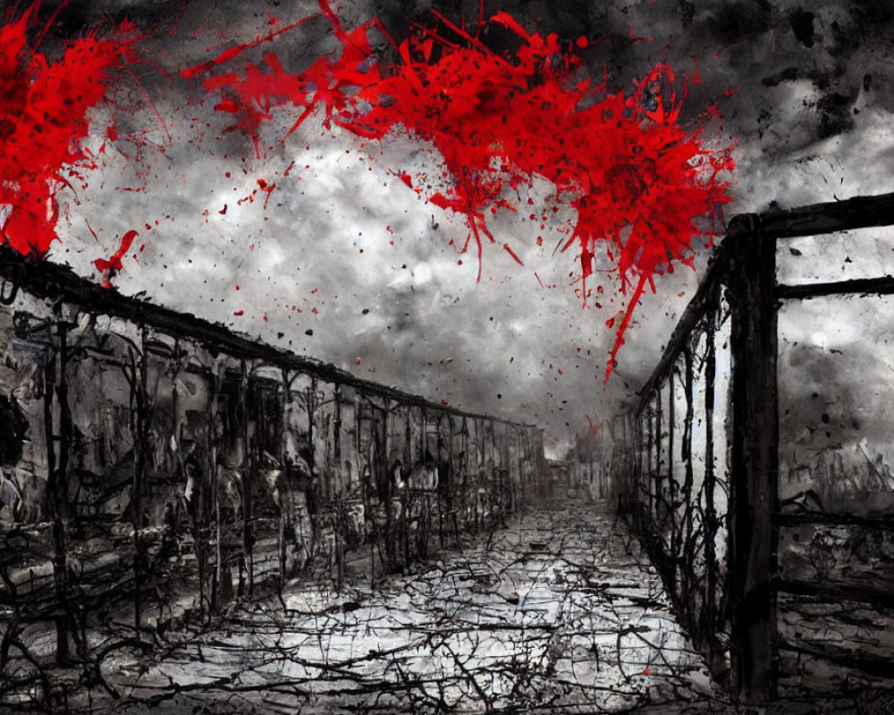 Monochromatic ruins and barbed wire with vibrant red splatter