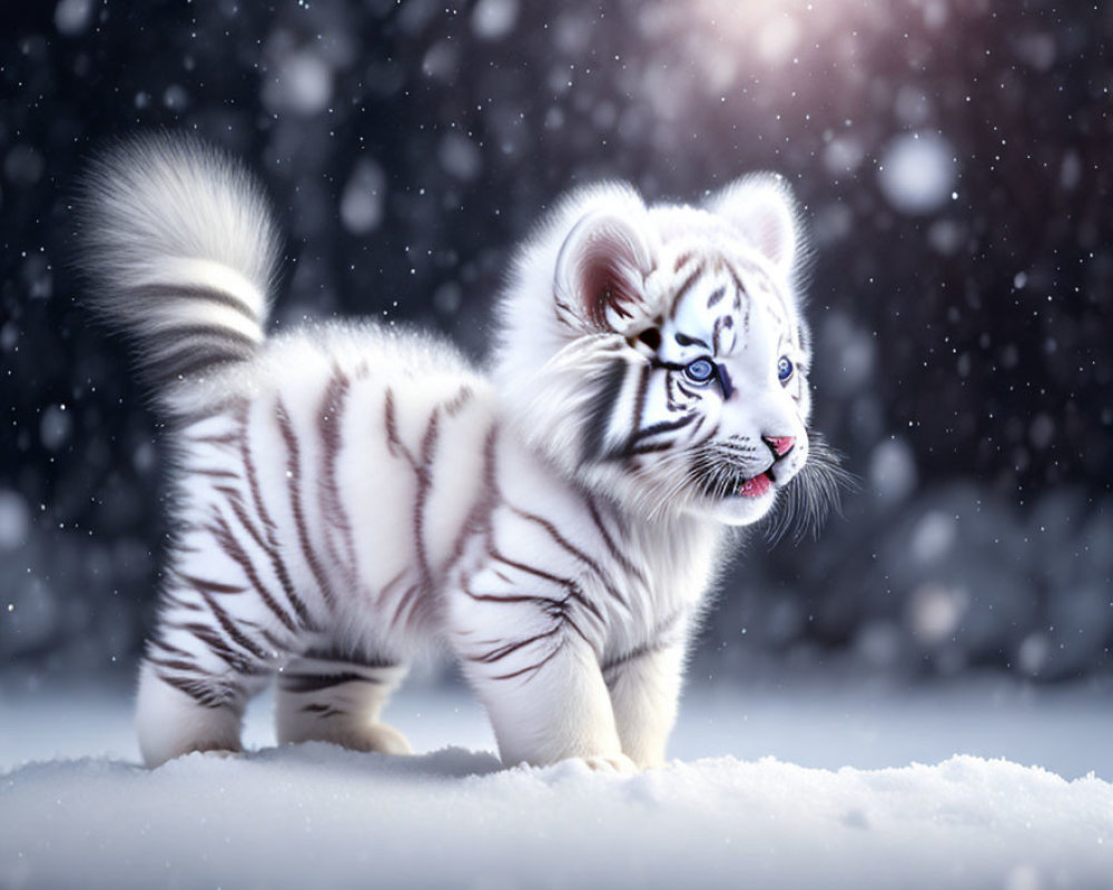 White Tiger Cub with Blue Eyes in Snowy Landscape