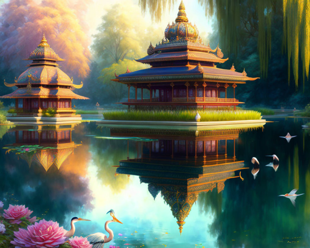 Tranquil pagoda buildings reflected in lake with lotus flowers