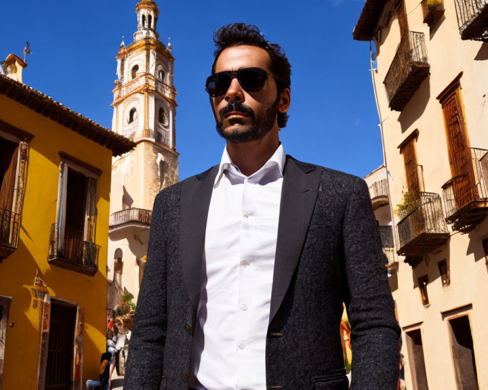 Confident man in sunglasses and suit in sunny plaza with church tower