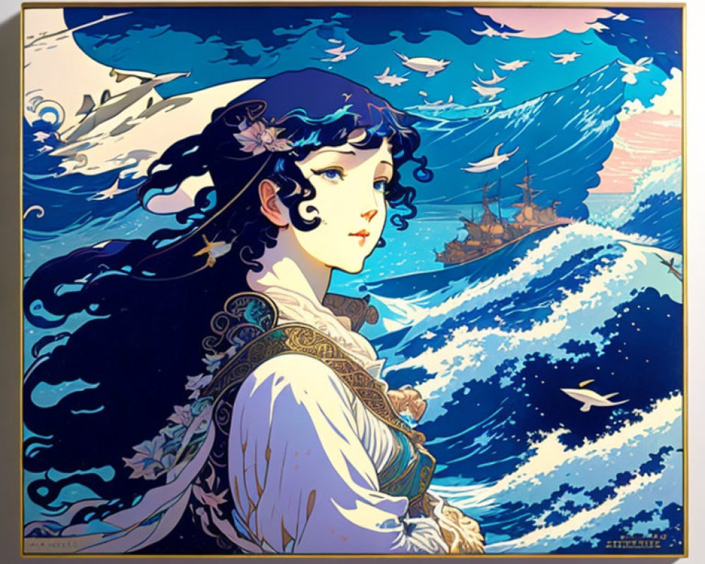 Illustrated portrait of woman with dark hair and flowers against ocean backdrop.