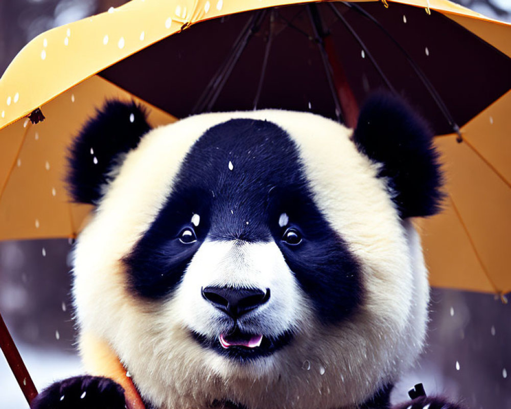 Panda Bear with Yellow Polka-Dot Umbrella in Snow