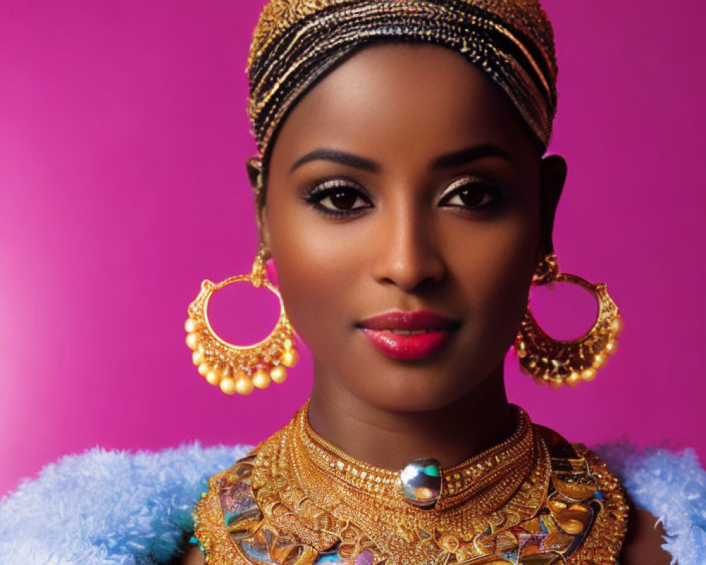 Regal woman in golden crown and earrings on pink background with ornate necklace and blue feathery