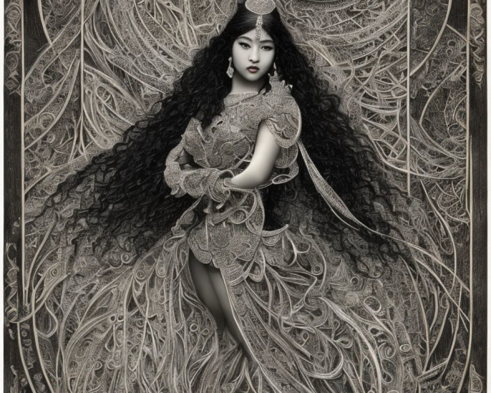 Monochrome artwork of woman in lace dress with flowing hair