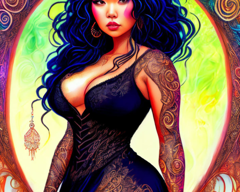 Illustration of woman with blue hair and tattoos on swirling background