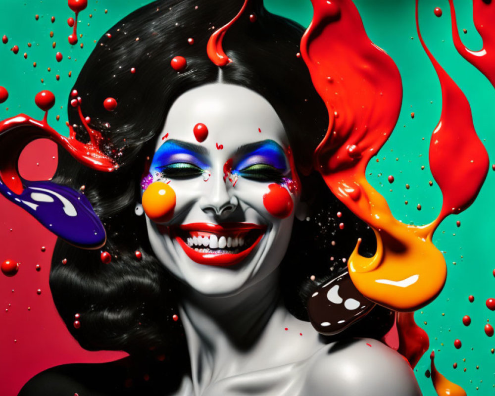 Vibrant female clown with colorful makeup and swirling paint splashes