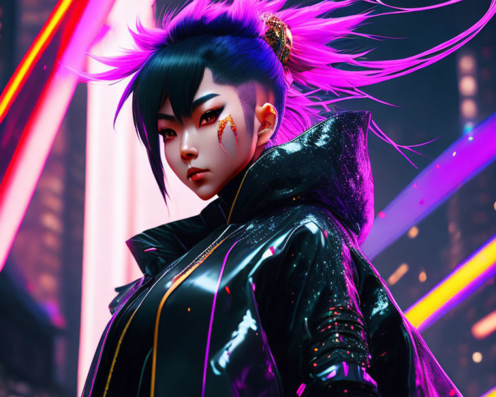 Vibrant blue-haired animated character in futuristic black outfit among neon lights