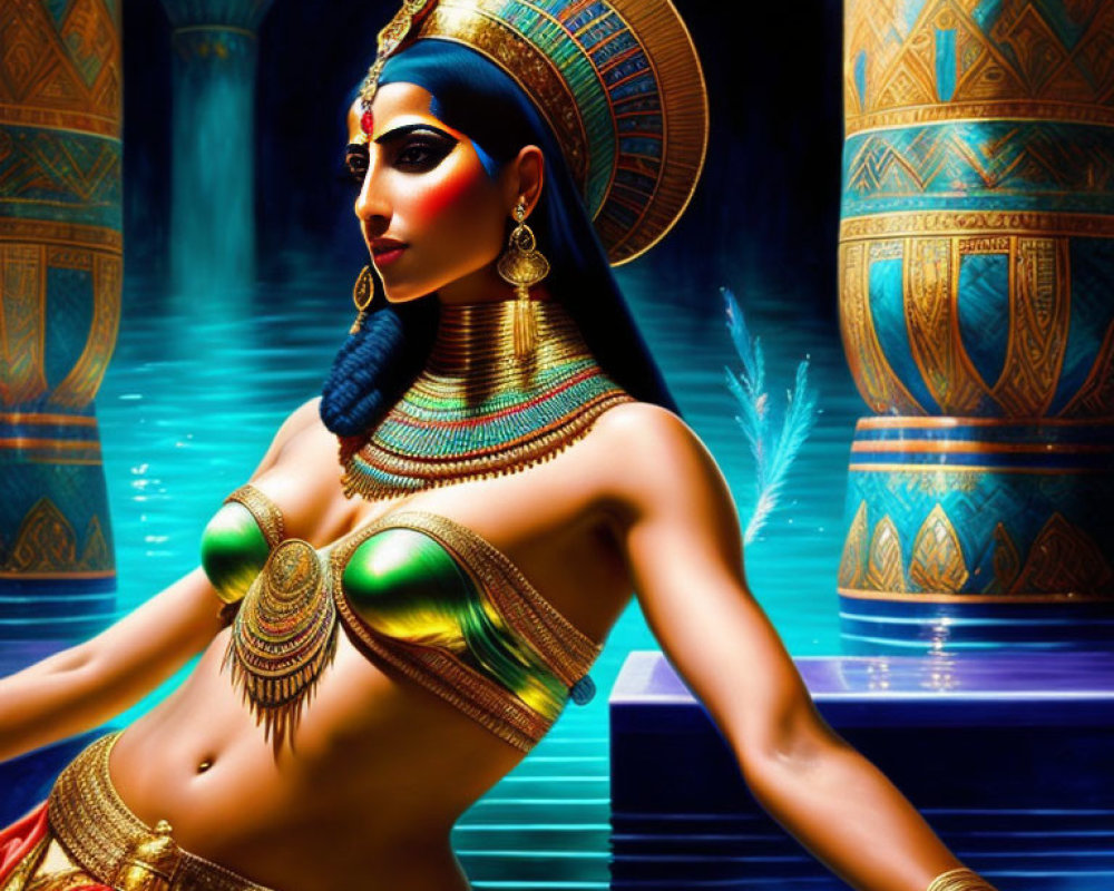 Egyptian queen adorned with gold jewelry and headdress in front of ancient pillars and water