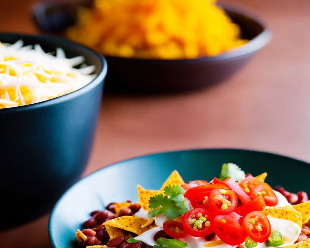 Nachos with Beans, Sour Cream, Jalapenos, and Cilantro, Cheese and Rice