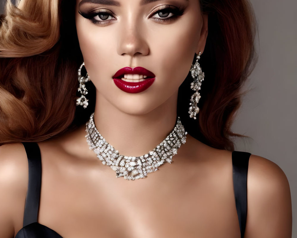 Woman with Glamorous Makeup, Red Lipstick, Diamond Jewelry