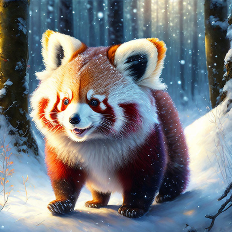 Vibrant Red Panda Illustration in Snowy Forest