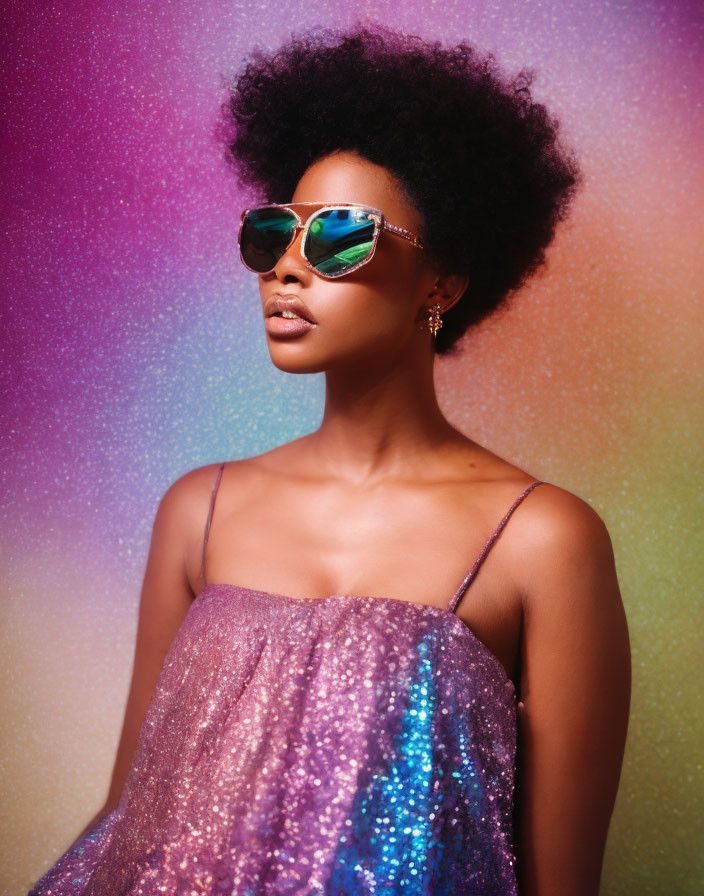 Woman with Afro in Sunglasses & Sparkly Dress on Glittery Background