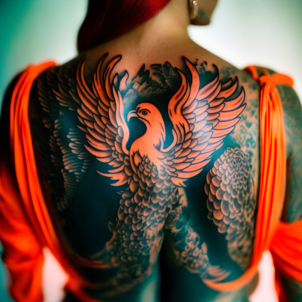 Vibrant phoenix tattoo on person's back with red ribbons