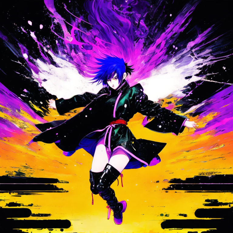 Vibrant Purple-Haired Animated Character Leaping in Explosive Background