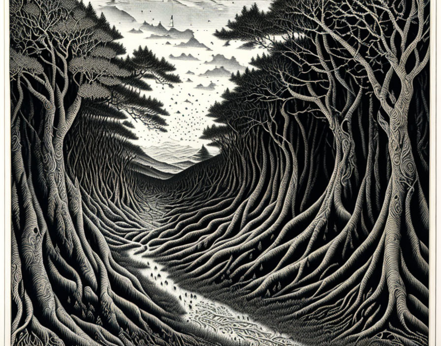 Monochrome illustration of tree-lined path to misty mountains with textured sky.